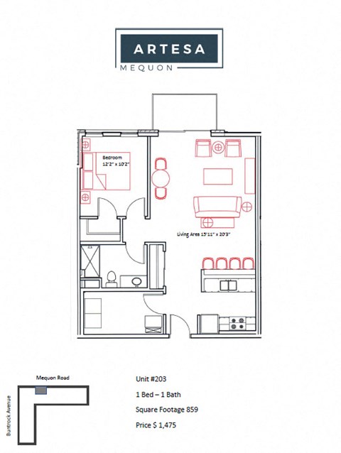 Floor plan for 1 bed, 1 bath, 859 sqft